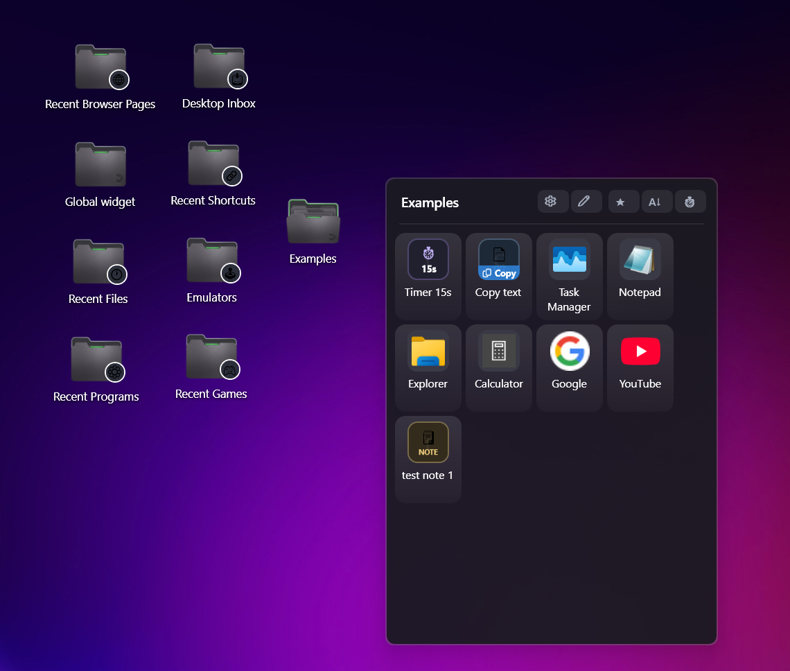 A styled DeskFold folder holding a timer, click-to-copy text, apps, websites and a note