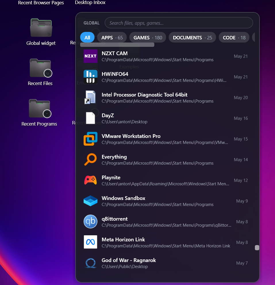 Global widget with tabbed categories for apps, games, documents and code