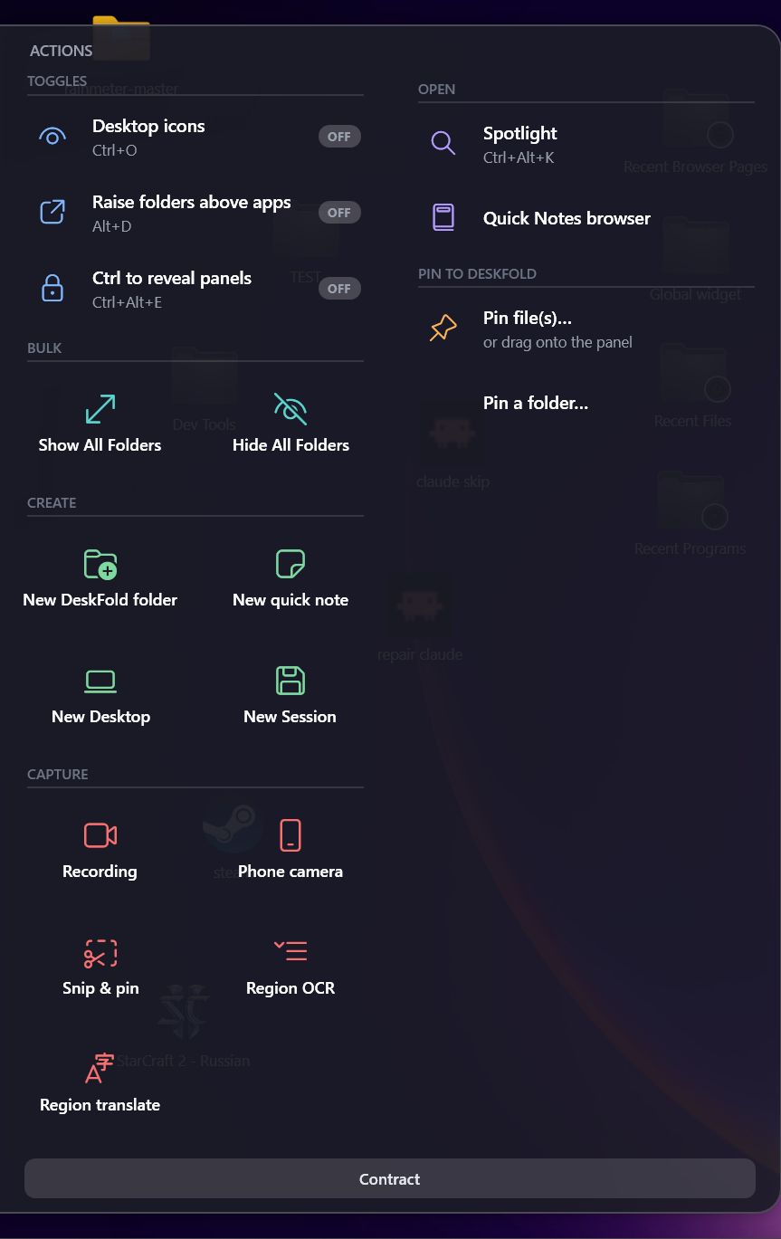Slide-out actions panel with toggles, capture and create actions