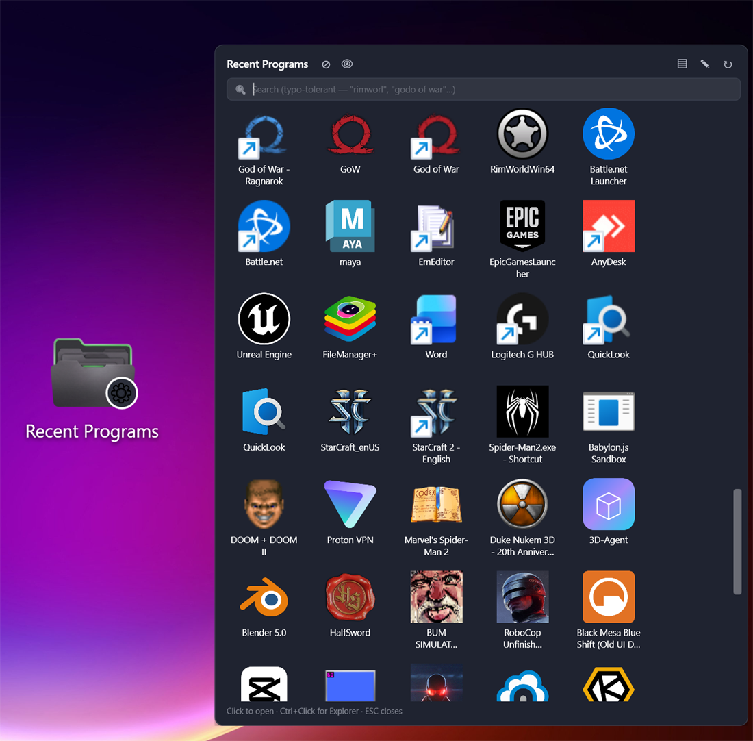 Recent Programs widget with app icons